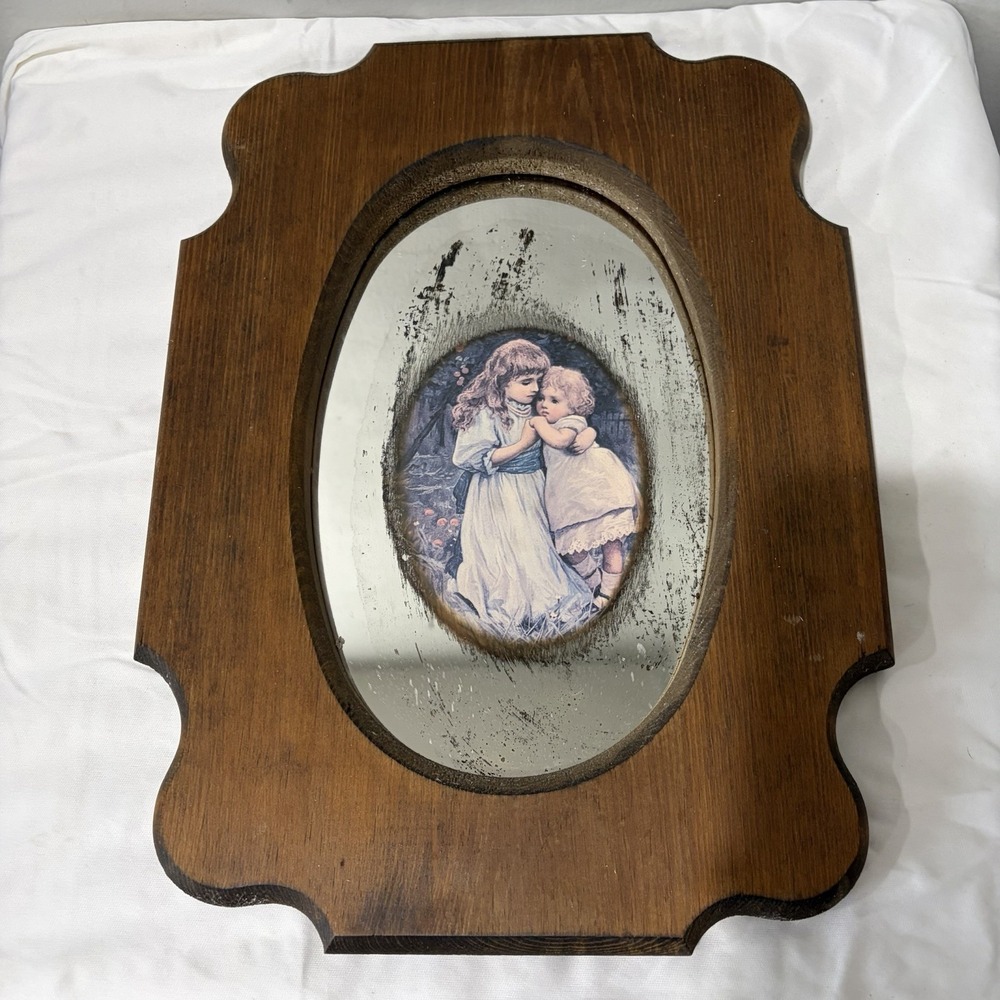 Vintage wooden framed Mirror picture 15" x 11" of Two Little Girls Grandma Core
